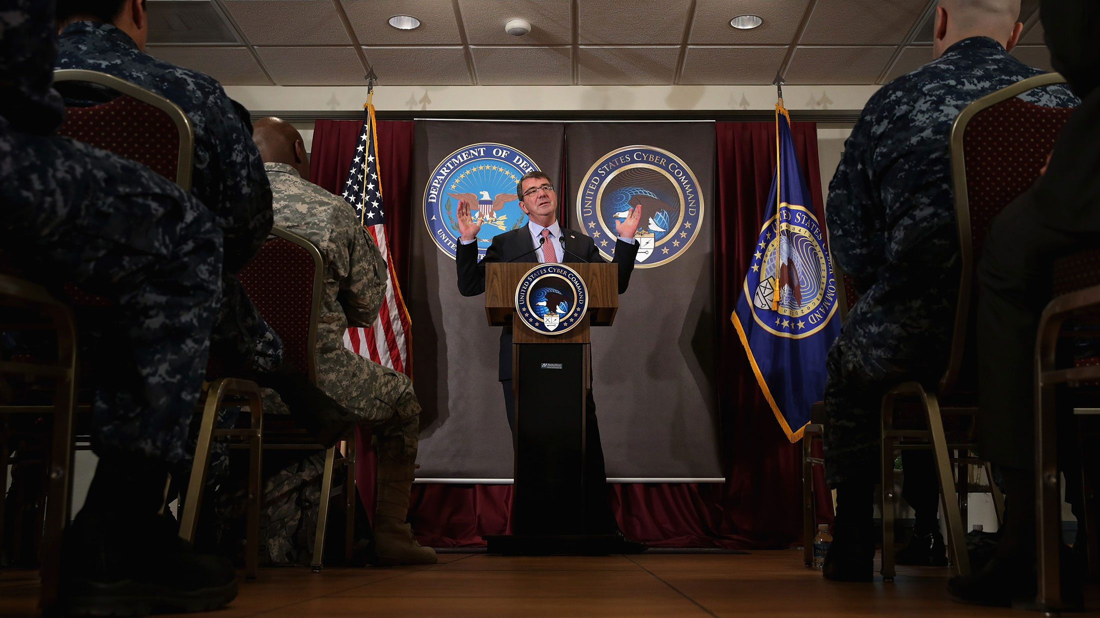 U.S. Secretary of Defense Ash Carter delivers remarks to an audience of U.S. Cyber Command troops and National Security Agency employees while visiting the NSA and command headquarters on March 13, 2015 in Fort Meade, Maryland.

