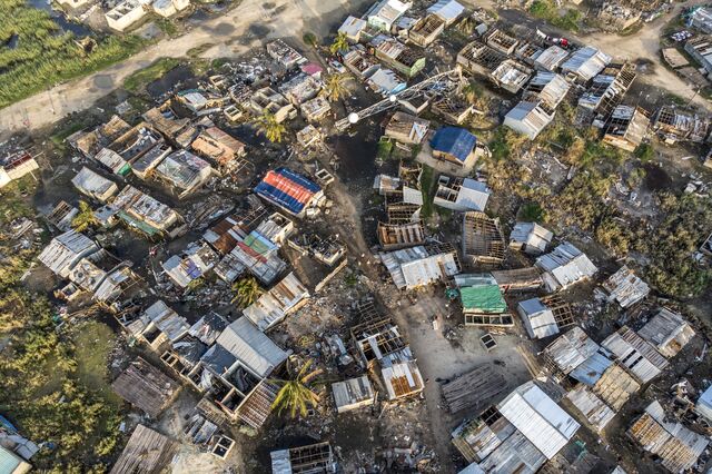 Debris and destroyed buildings from Cyclone Idai in the Praia Nova neighborhood in Beira, on March 28, 2019.  