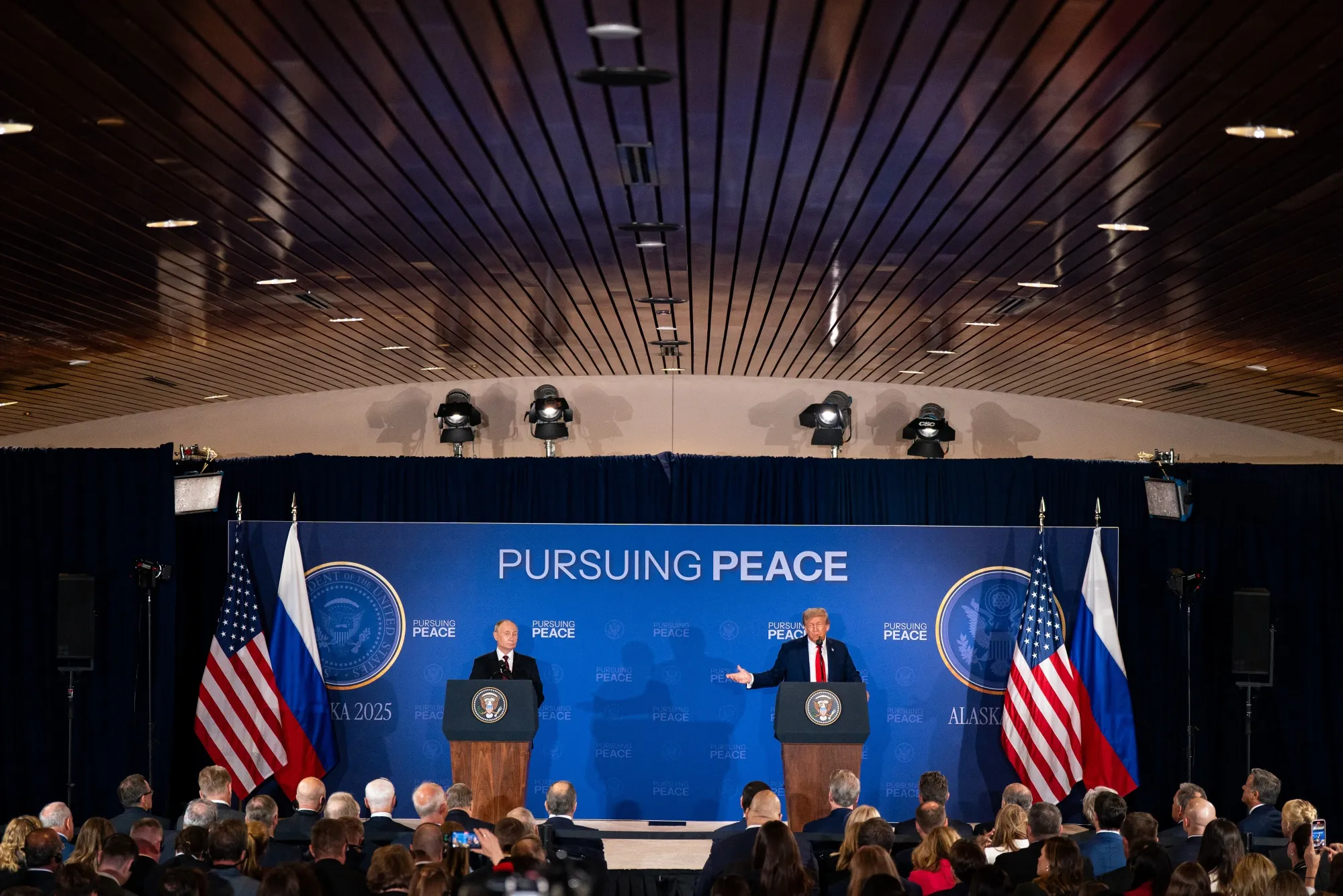 Vladimir Putin, left, and US President Donald Trump&nbsp;at Joint Base Elmendorf-Richardson in&nbsp;Alaska, US, in August.