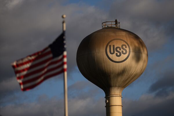 A water tower at the US Steel Corp. Edgar Thomson Works steel mill in Braddock, Pennsylvania, US. 