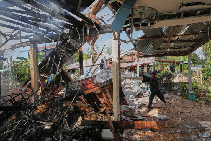 Damaged buildings in Thailand, near the border with Cambodia, on Dec. 14.