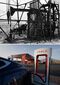 An oil well in Abadan, Iran, 1925; Tesla Model Sat a charging station near a Texaco Inc. gas station in Nephi, Utah, on April 7, 2015.
