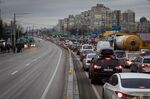 Truck drivers and residents during a traffic jam in Kyiv, Ukraine, on Feb. 24.
