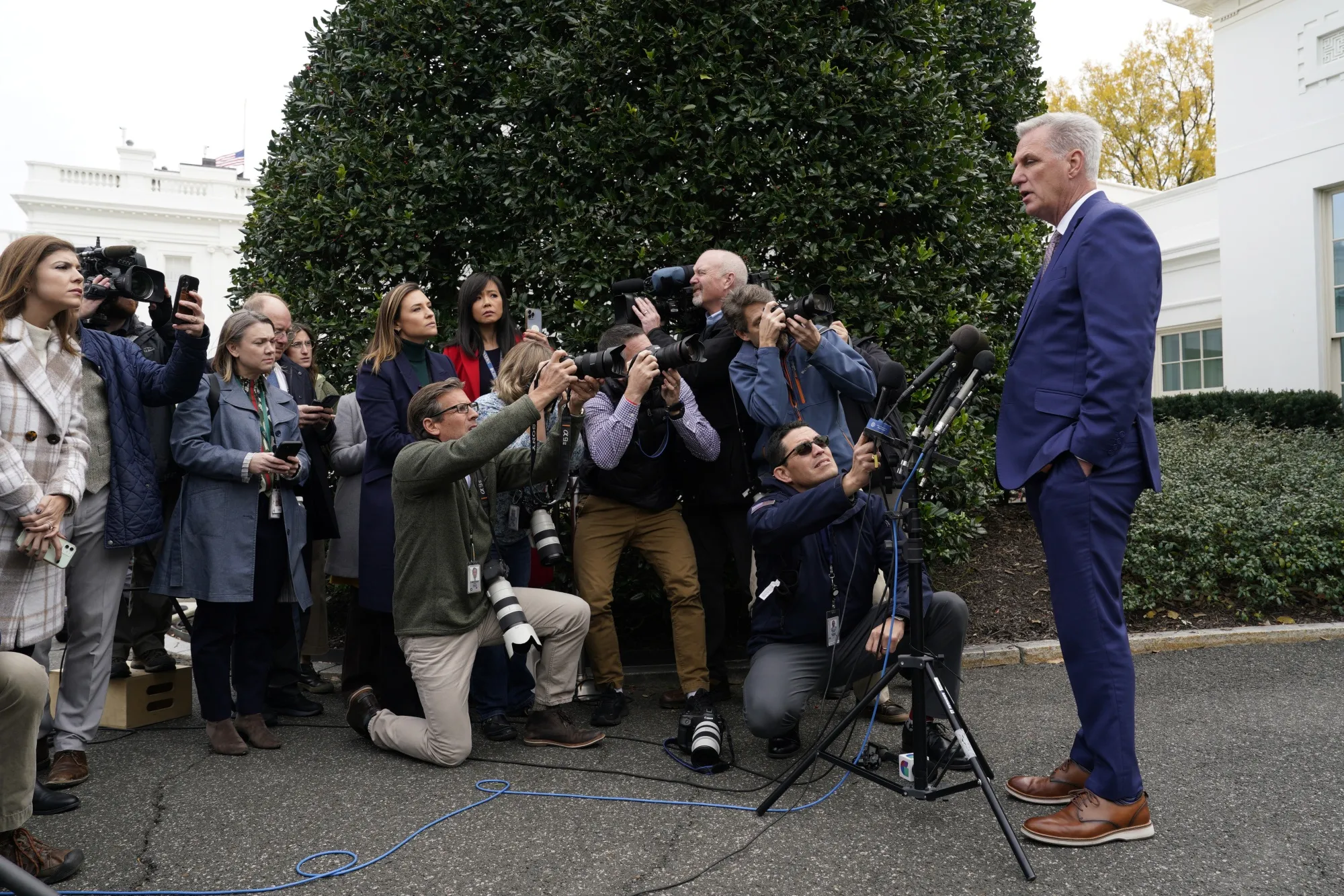 House Republican Leader&nbsp;Kevin McCarthy&nbsp;speaks to members of the media after meeting with&nbsp;President Joe Biden at the White House on Nov. 29.