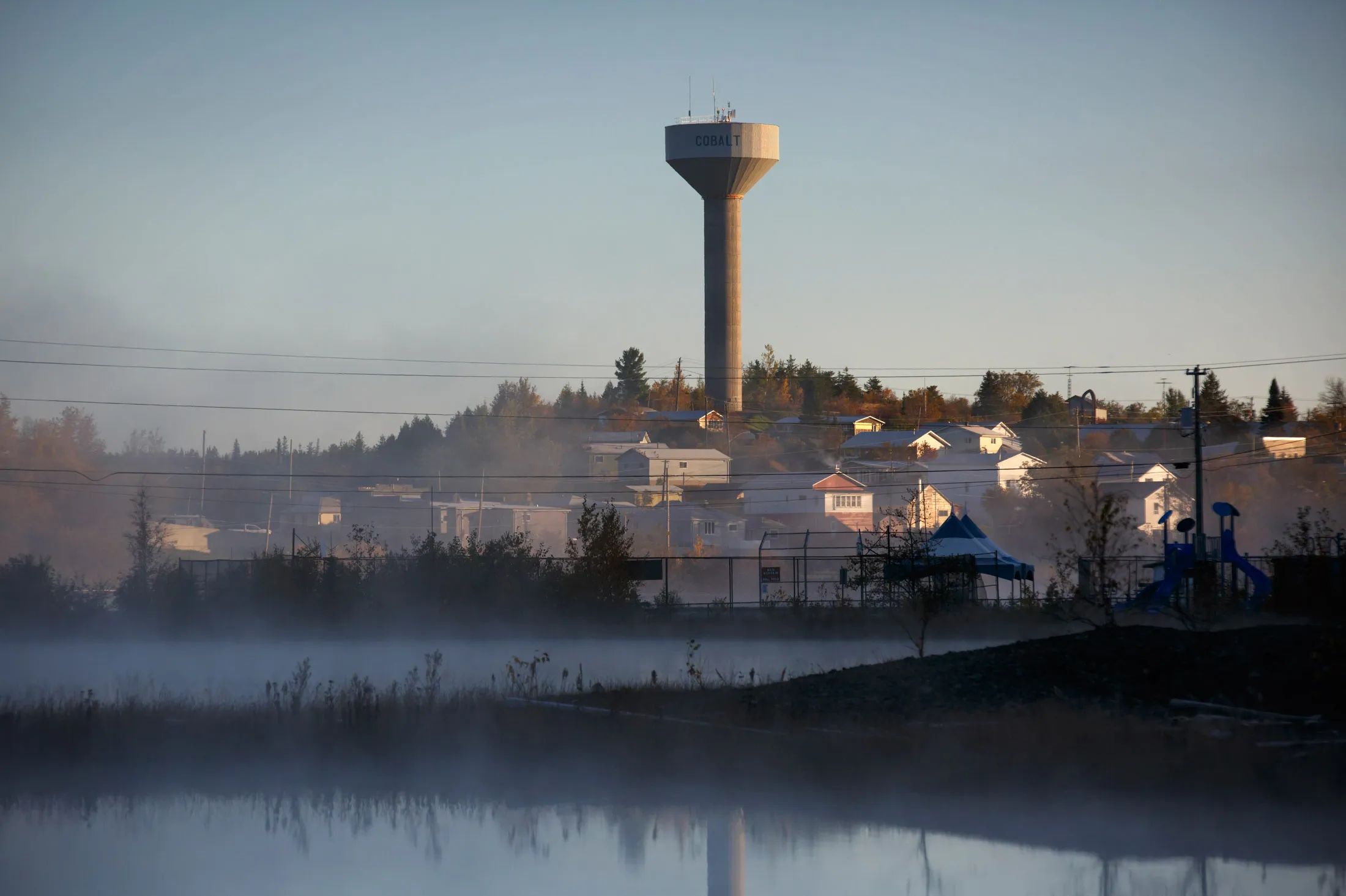 Early morning light hits the town of Cobalt, Ontario, on October 12, 2017.