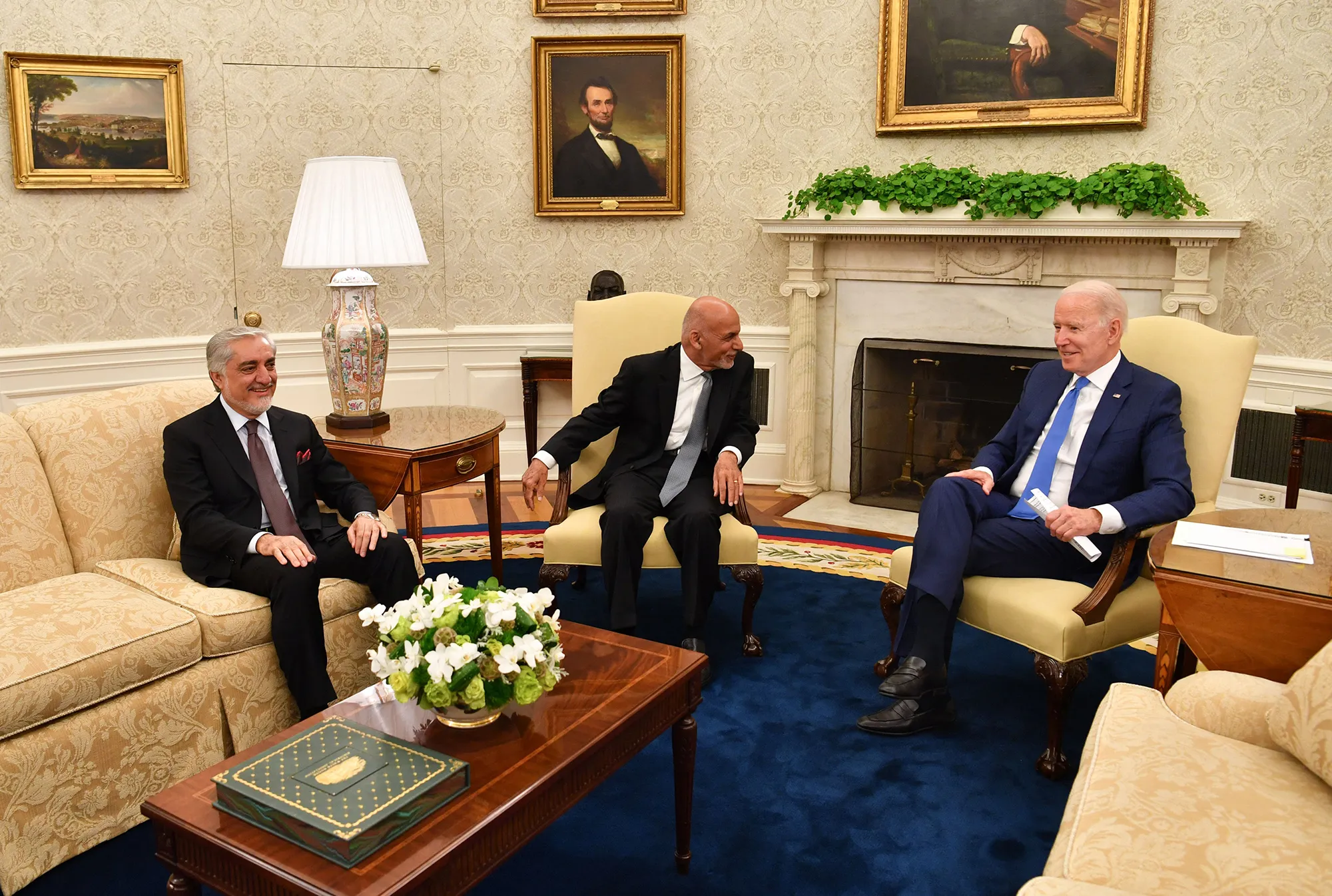 Abdullah Abdullah, Ashraf Ghani and Joe Biden at the White House on June 25.