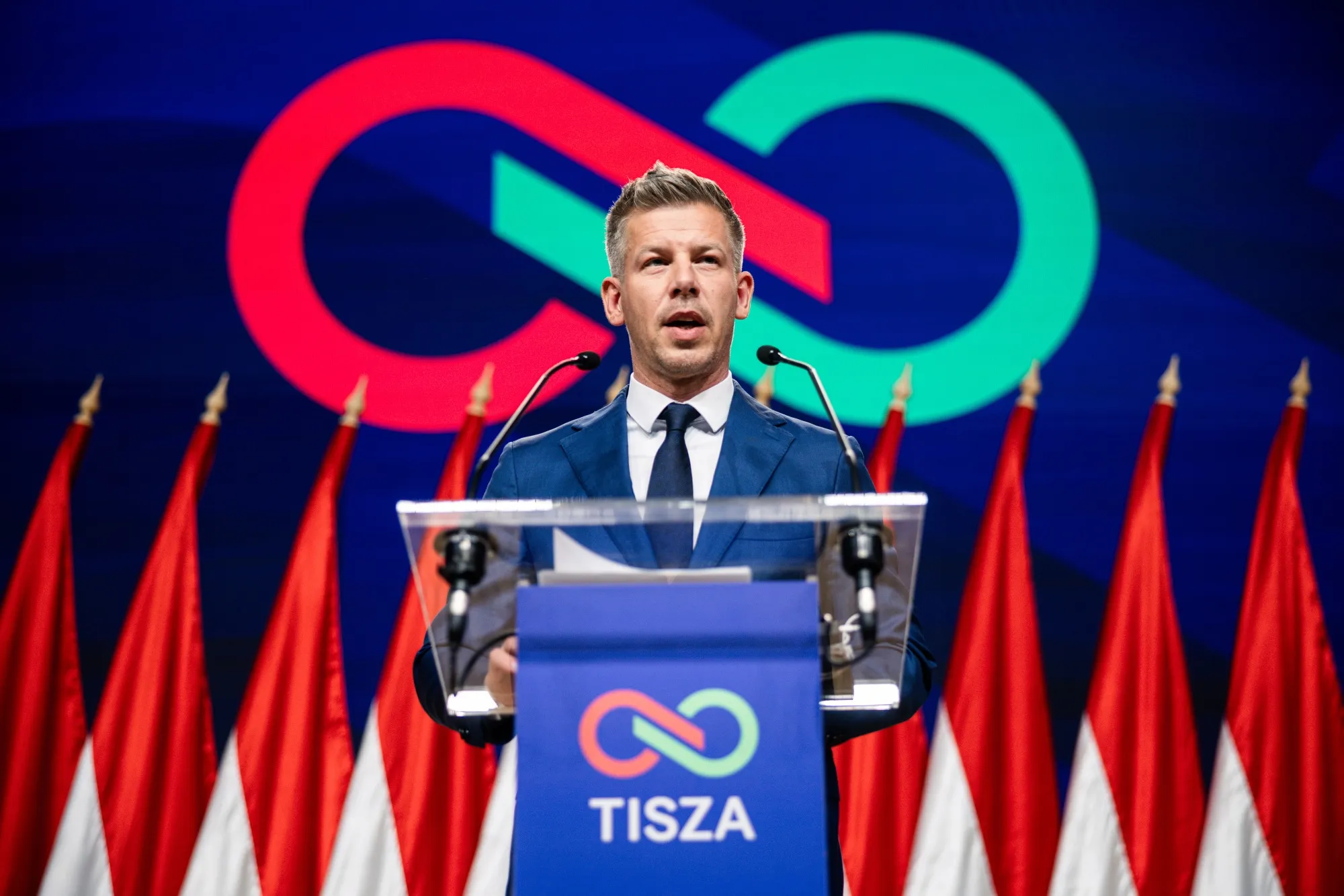 Peter Magyar, Hungary’s incoming prime minister, at a news conference Monday following his election victory.