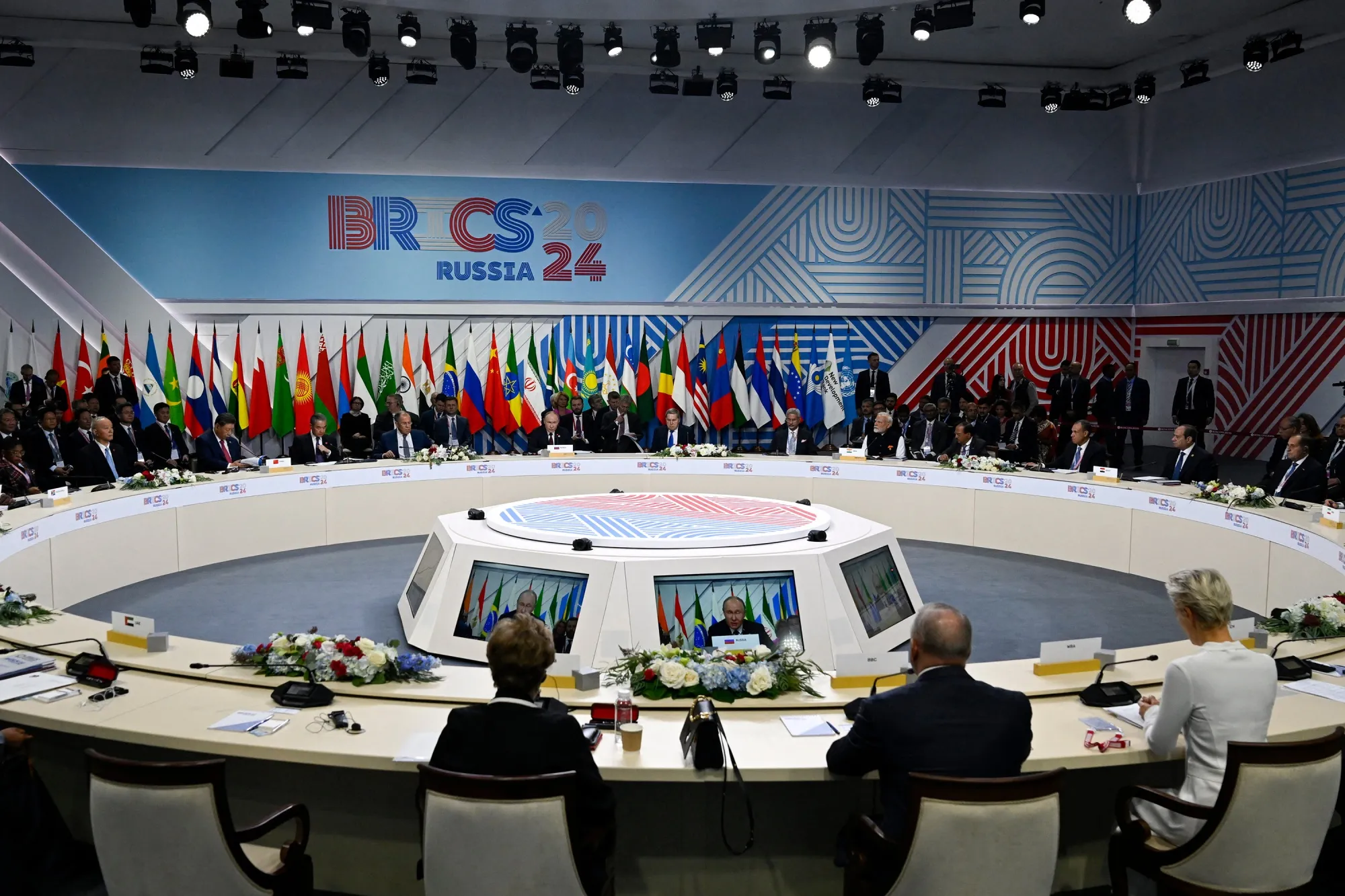Vladimir Putin delivers a speech during the extended format meeting of the BRICS summit in Kazan on Oct. 23.