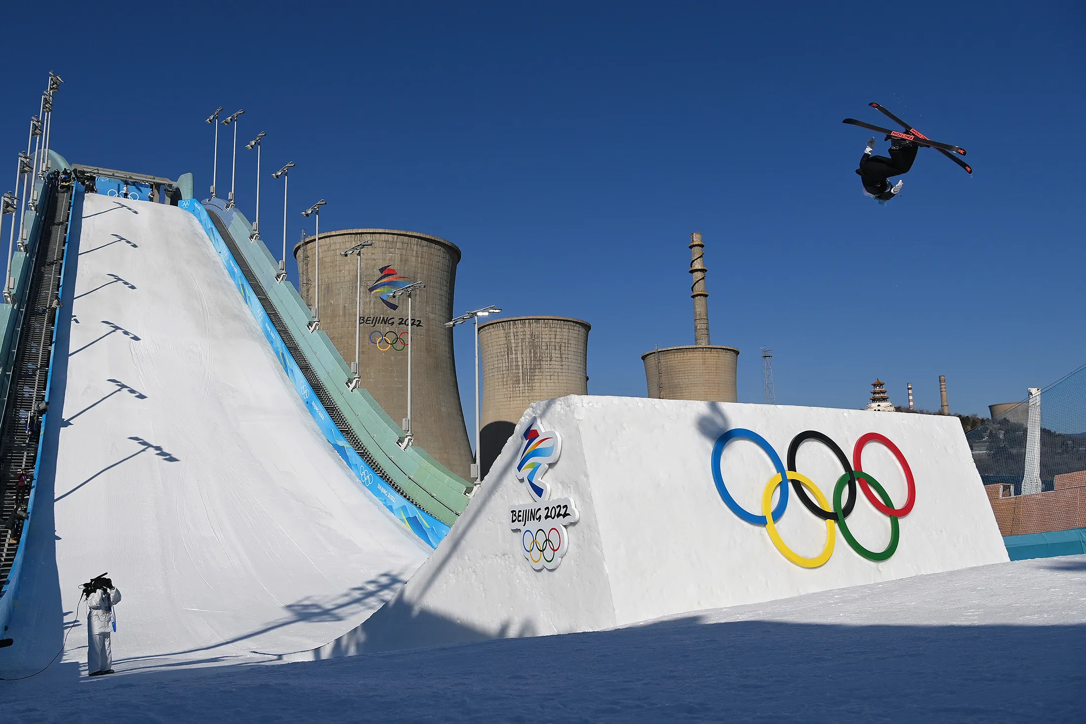 Eileen Gu performs a trick during the Women's Freestyle Skiing Freeski Big Air Final on Feb. 8.