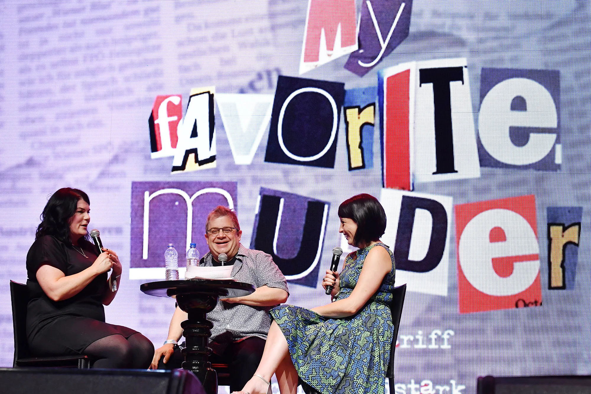 Karen Kilgariff, Patton Oswalt and Georgia Hardstark speak onstage at the 2019 Clusterfest&nbsp;in San Francisco in 2019.&nbsp;