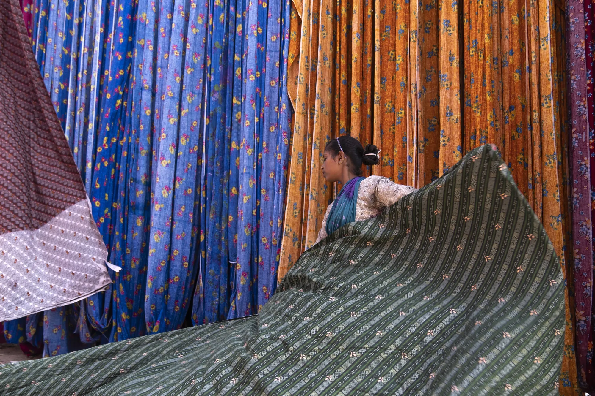 Screen printed textiles at a fabric washing unit in Ahmedabad, India.