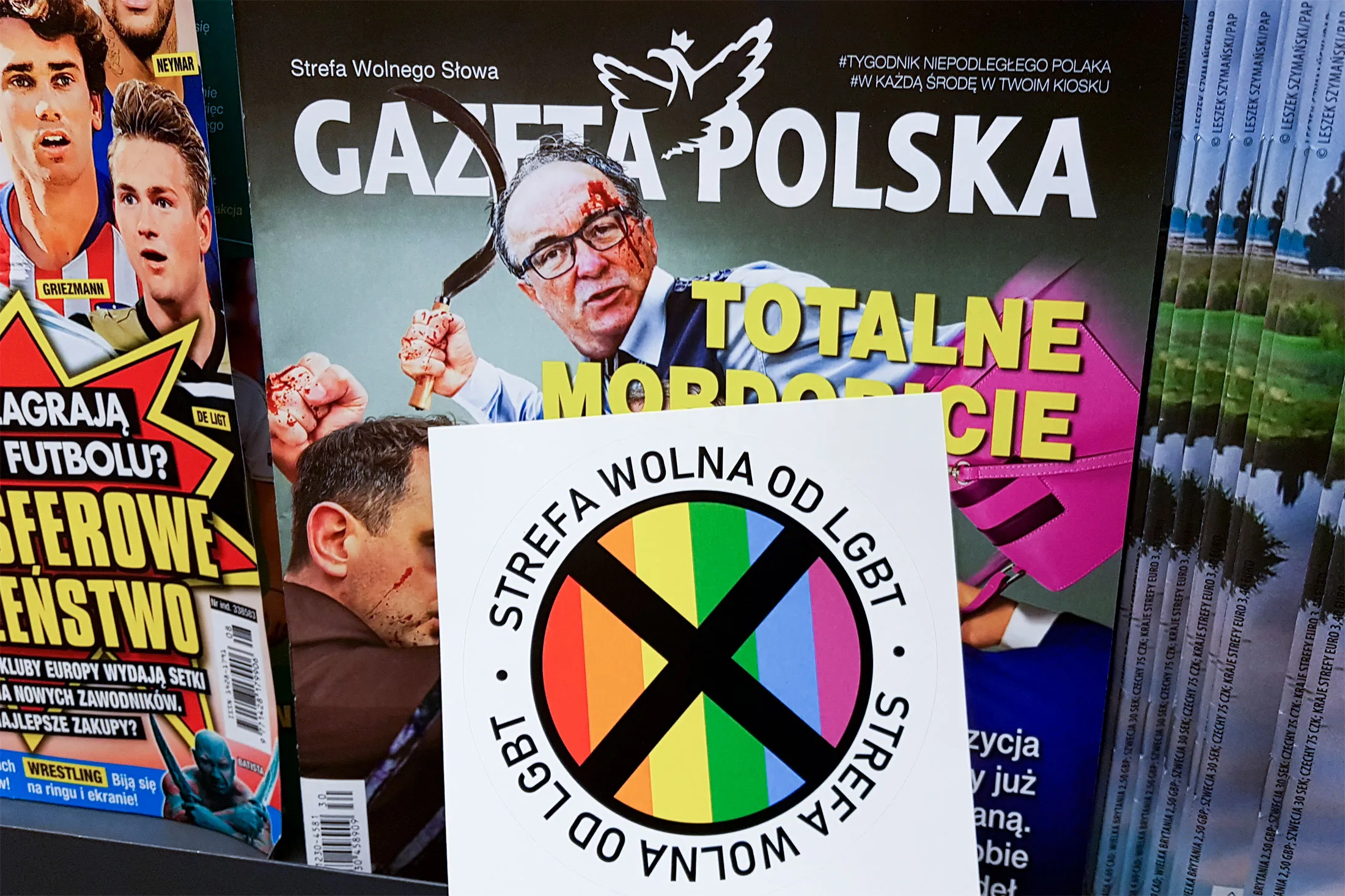 LGBT Free Zone stickers are distributed with the latest issue of Polish conservative weekly newspaper 'Gazeta Polska' in Krakow, Poland on&nbsp;July, 24, 2019.&nbsp;
