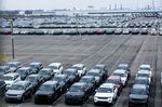 New vehicles sit parked outside the idled Fiat Chrysler Jefferson North Plant in Detroit on March 23.