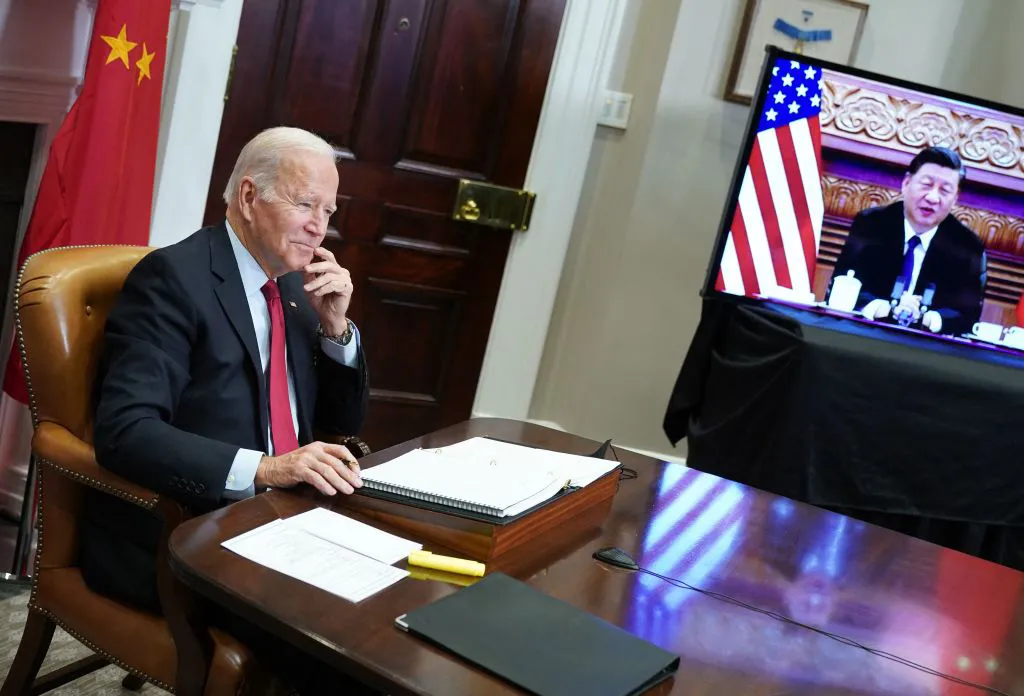 U.S. President Joe Biden meets with Chinese President Xi Jinping during a virtual summit from the White House’s Roosevelt Room&nbsp;on Nov. 15, 2021.