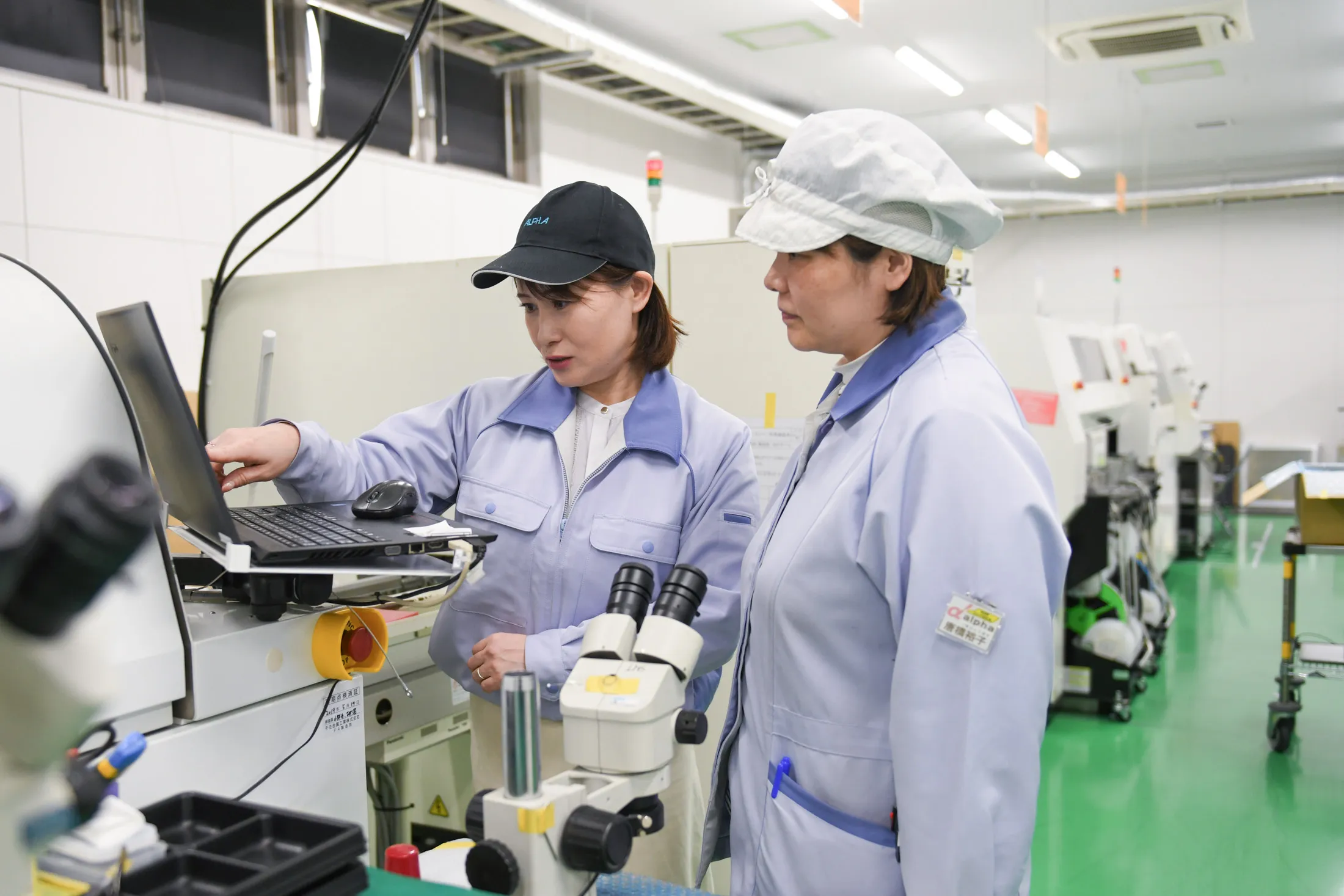 Chikako Tarukawa, left, CEO and president of Alpha Electronic Co., at the company’s factory in Fukushima Prefecture, Japan.