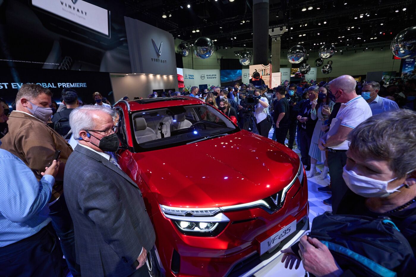 Attendees view the VinFast VF e35 electric vehicle ahead of the Los Angeles Auto Show, on Nov. 17.