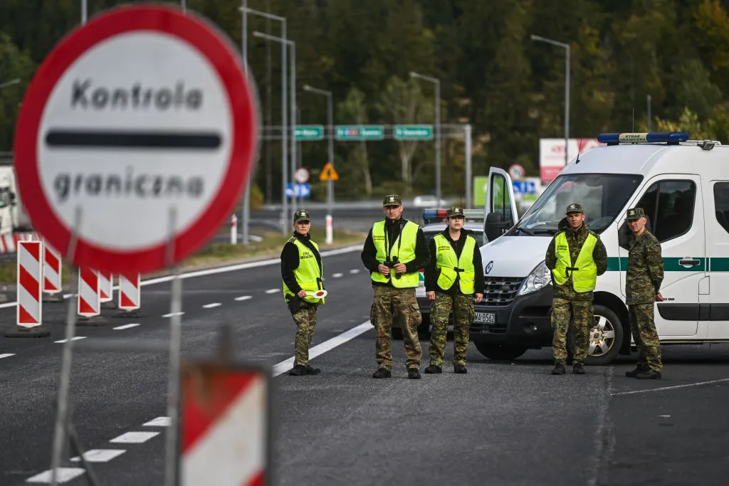 Polish border guard officers at a check point in Zwardon, Poland.