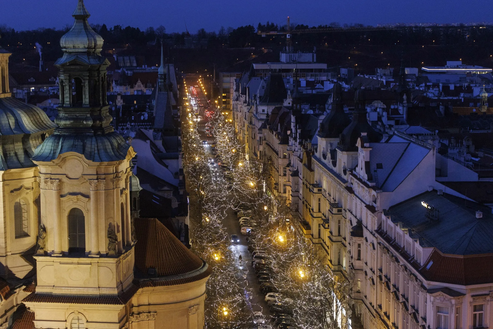 Christmas lights along Parizska Street in Prague.