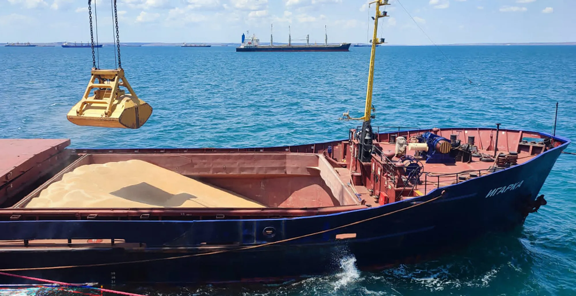 Grain is loaded aboard a cargo ship at Azov Sea Port, near Rostov-On-Don, Russia.