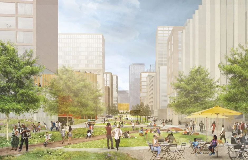 A rendering from the proposed Sunnyside Yard master plan. Built over a working rail yard, the project could hold up to 12,000 housing units.