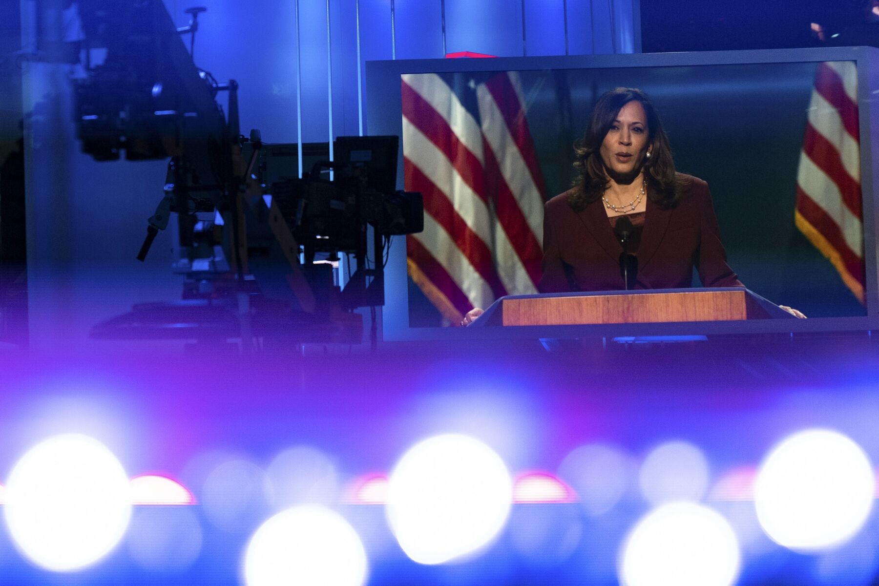 Senator Kamala Harris, Democratic vice presidential nominee, is displayed on a monitor at a television studio while speaking during the Democratic National Convention.