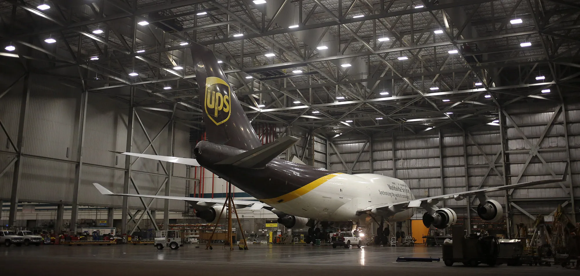 A Boeing 747 at&nbsp;UPS&nbsp;Worldport overnight shipping operations at Louisville International Airport in Louisville, Kentucky.
