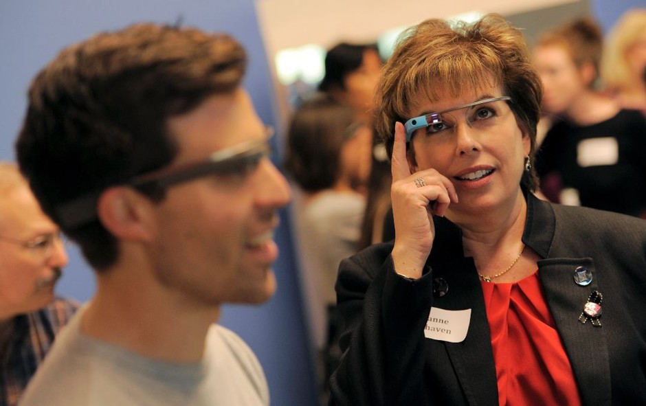Attendees at a YouTube event in L.A. this March test out Google Glass.
