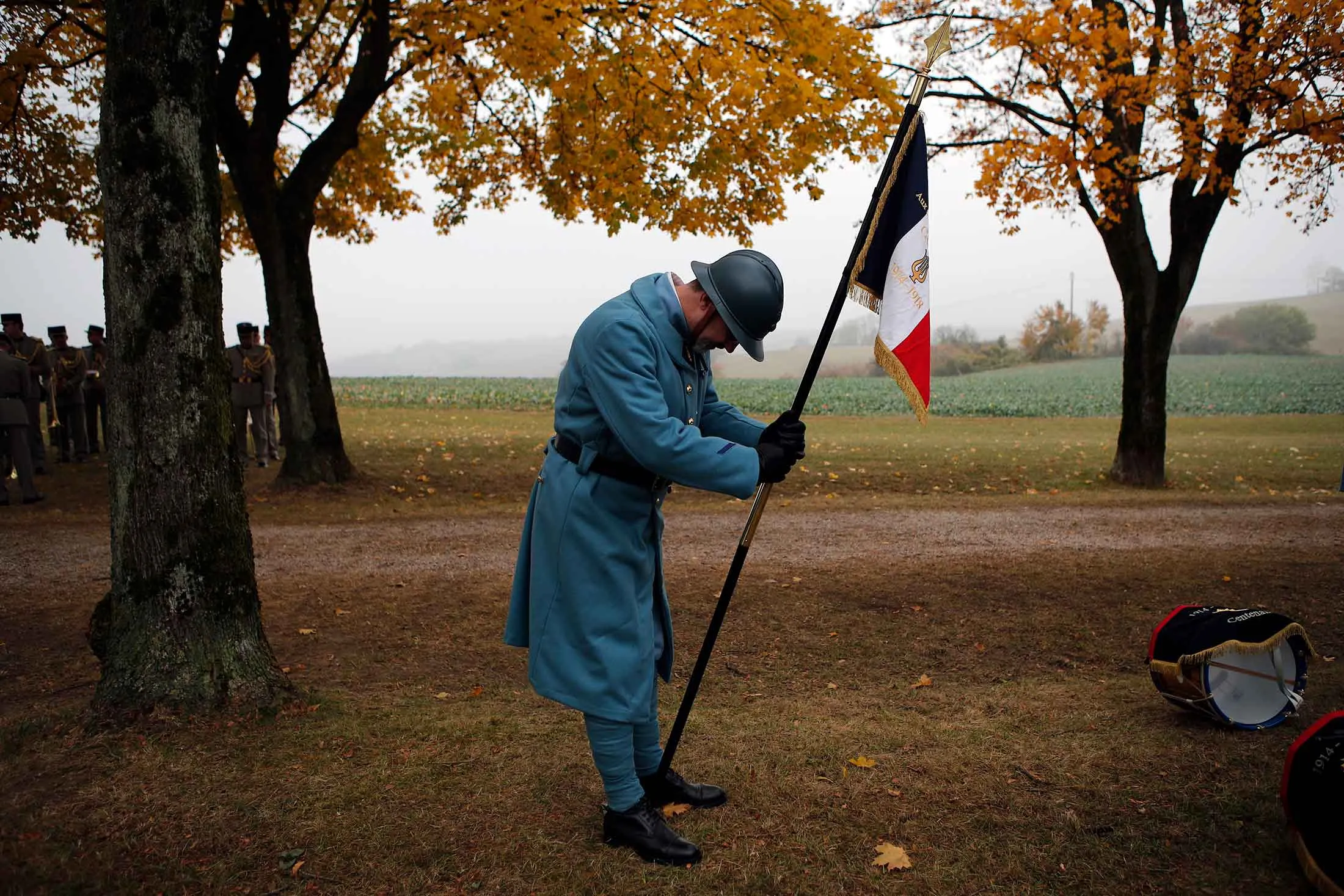 A World War I reenactor waits for the arrival of French President Emmanuel Macron during a ceremony marking the centennial of the war’s end&nbsp;in Morhange, France, on Nov. 5.