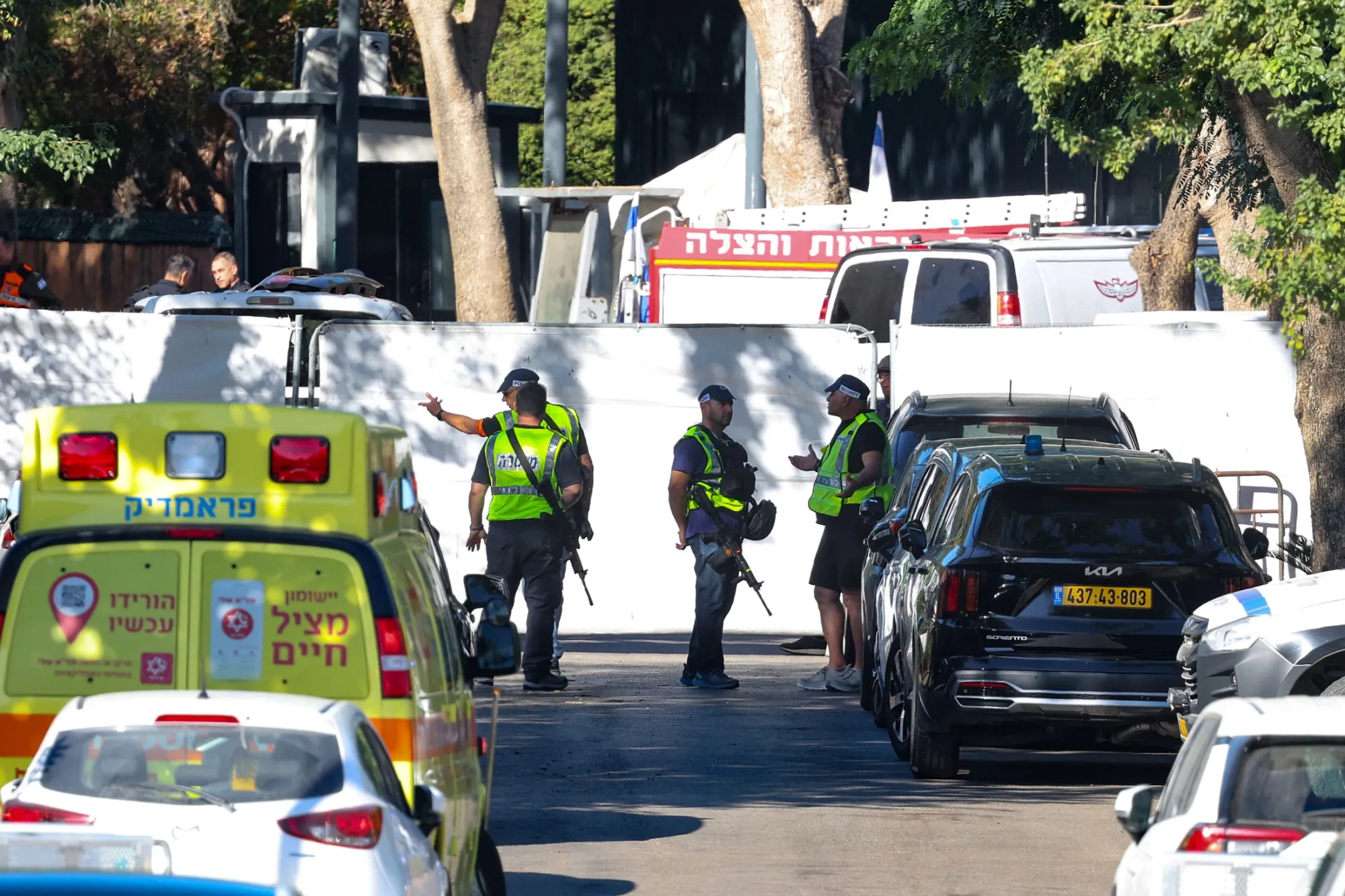 Emergency services on a street leading to Benjamin Netanyahu's residence in Caesarea, Israel, on Oct. 19.