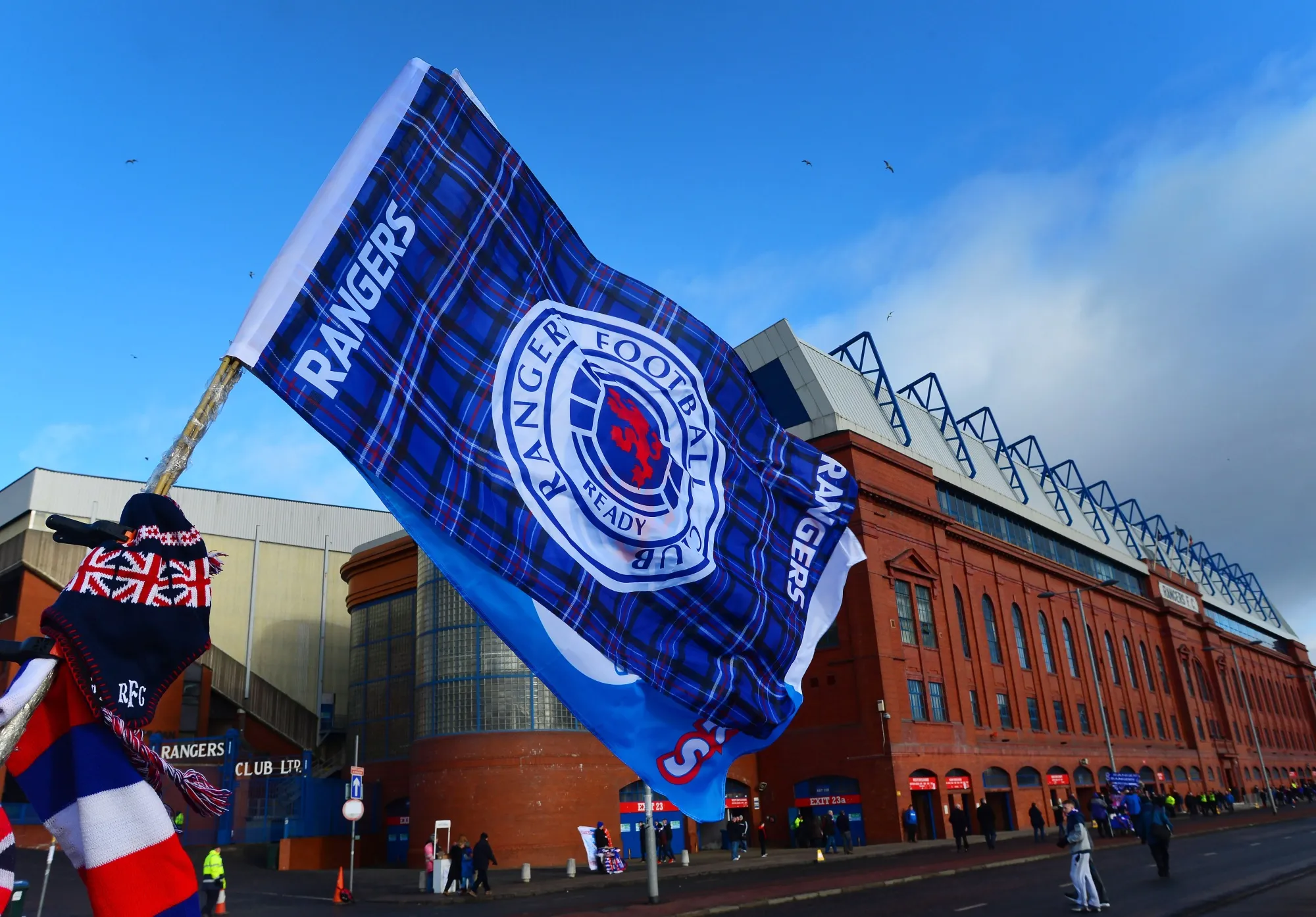 A Rangers flag outside inbox Stadium in Glasgow Scotland.&nbsp;