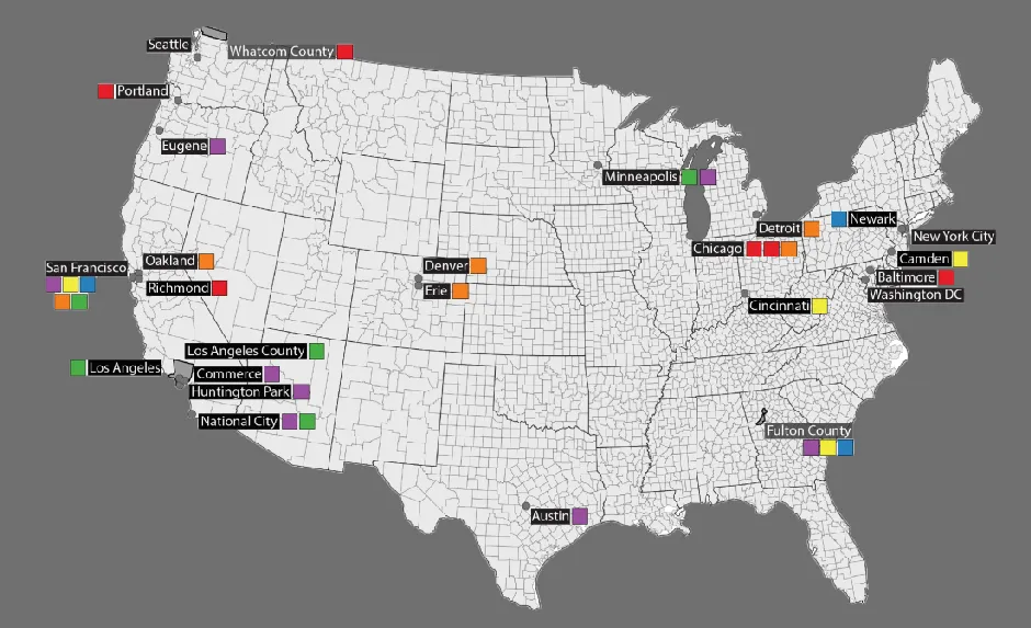 The map shows places that have environmental justice policies as identified in a new report. Red: Bans; Blue: General policies; Green: Targeting Existing Land Uses; Purple: Proactive Planning; Orange: Public Health Codes and Policies; Yellow: Reviews