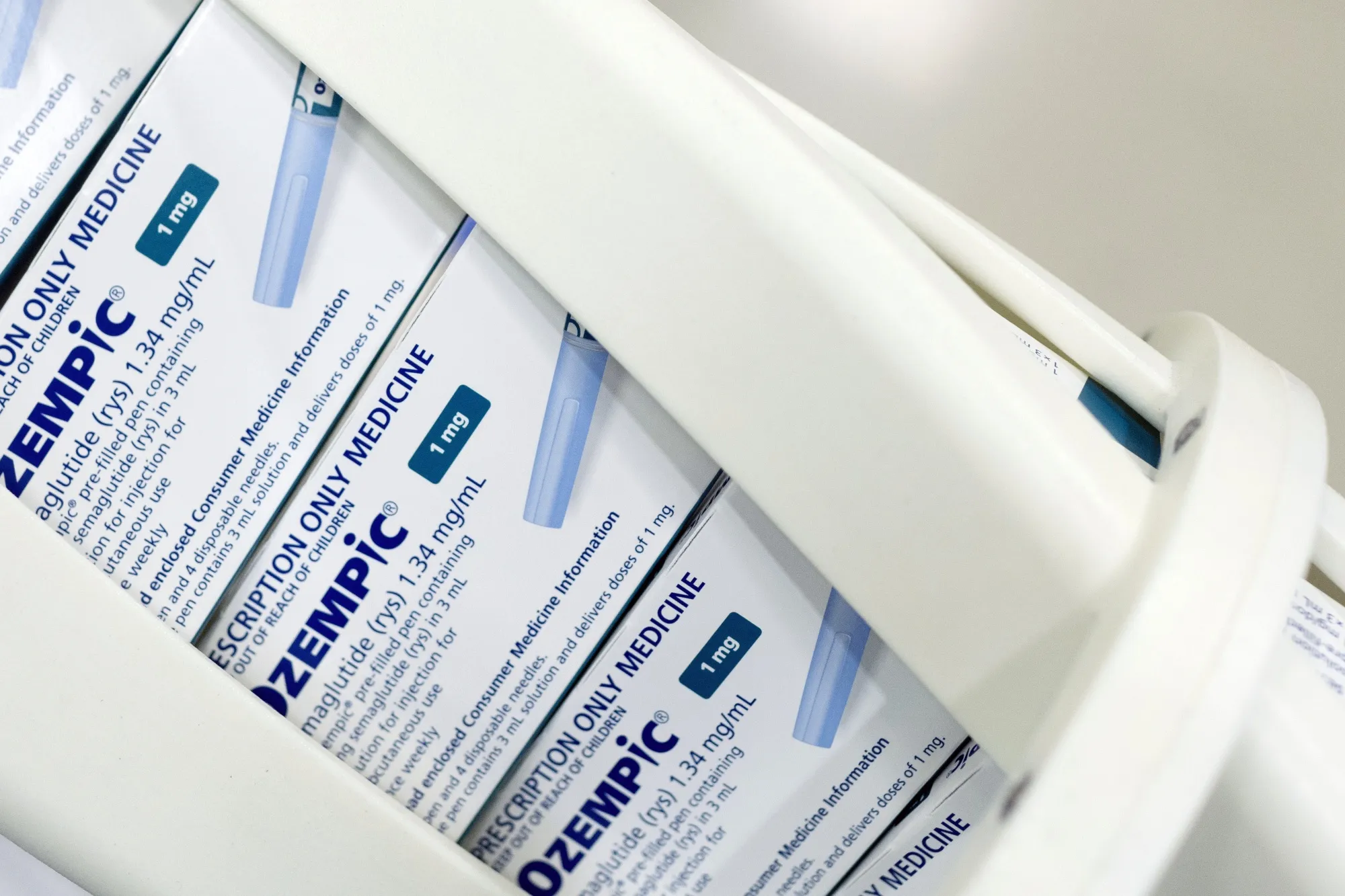 Packets of Ozempic move along a conveyor at the Novo Nordisk A/S production facilities in Hillerod, Denmark.