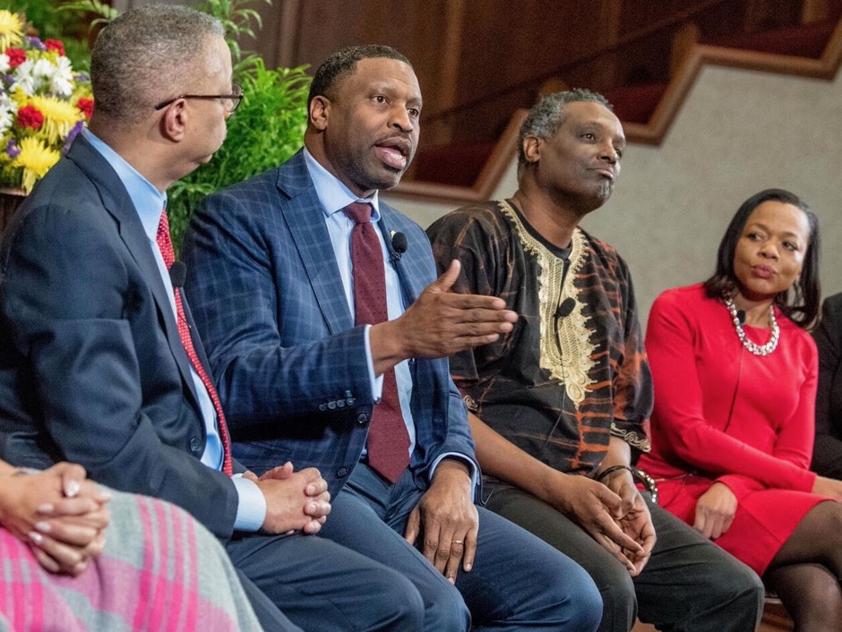 Left to right: Greg Carr, chair of Howard University’s Department of Afro-American Studies; NAACP President Derrick Johnson; AFL-CIO economist William Spriggs; Kristen Clark, the executive director of the Lawyers Committee for Civil Rights Under Law