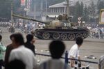 A tank blocks a street in Beijing on June 6, 1989.