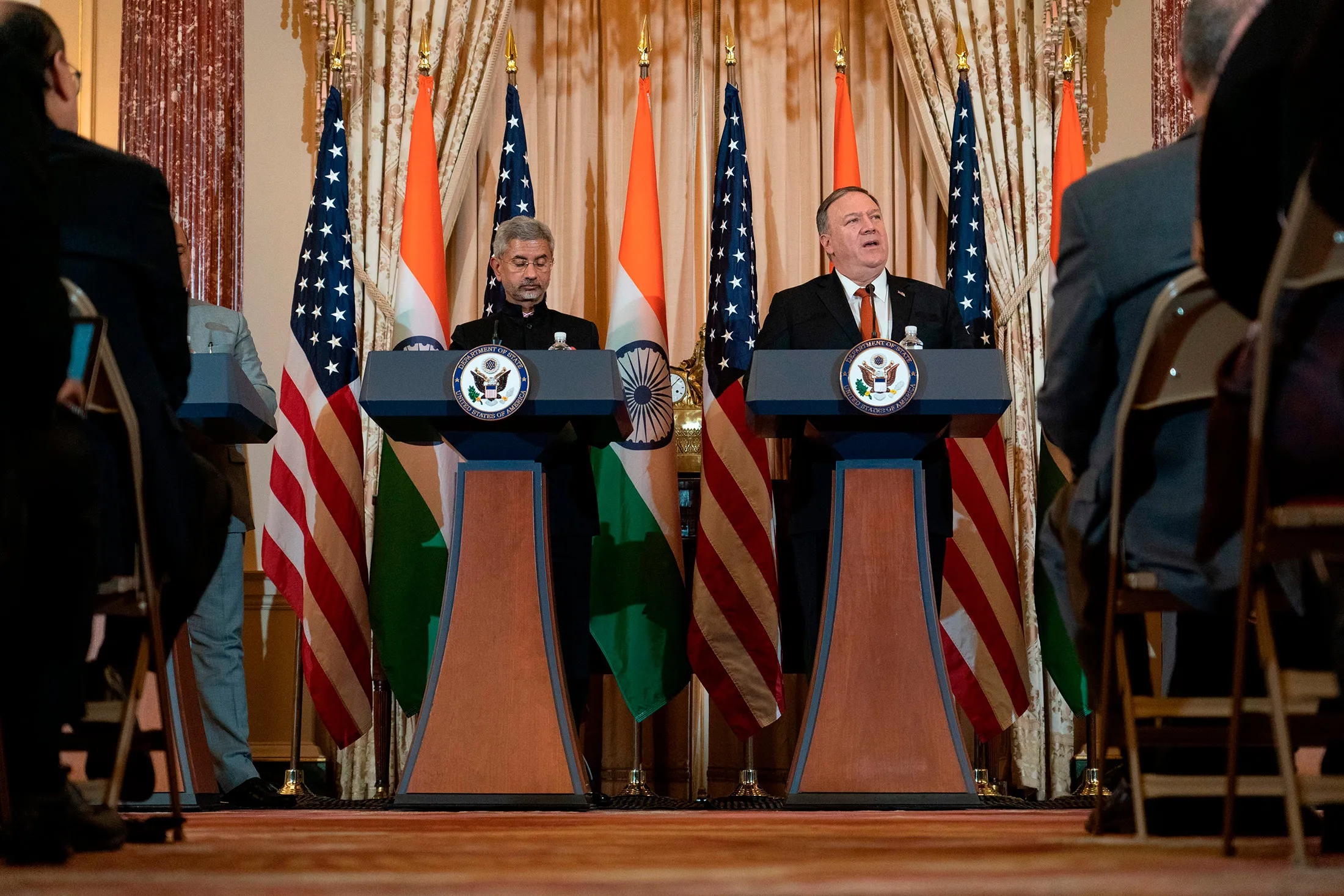 Secretary of State Mike Pompeo, right and Indian Foreign Minister Subrahmanyam Jaishankar hold a news conference&nbsp;in Washington&nbsp;on Dec.&nbsp;18.&nbsp;