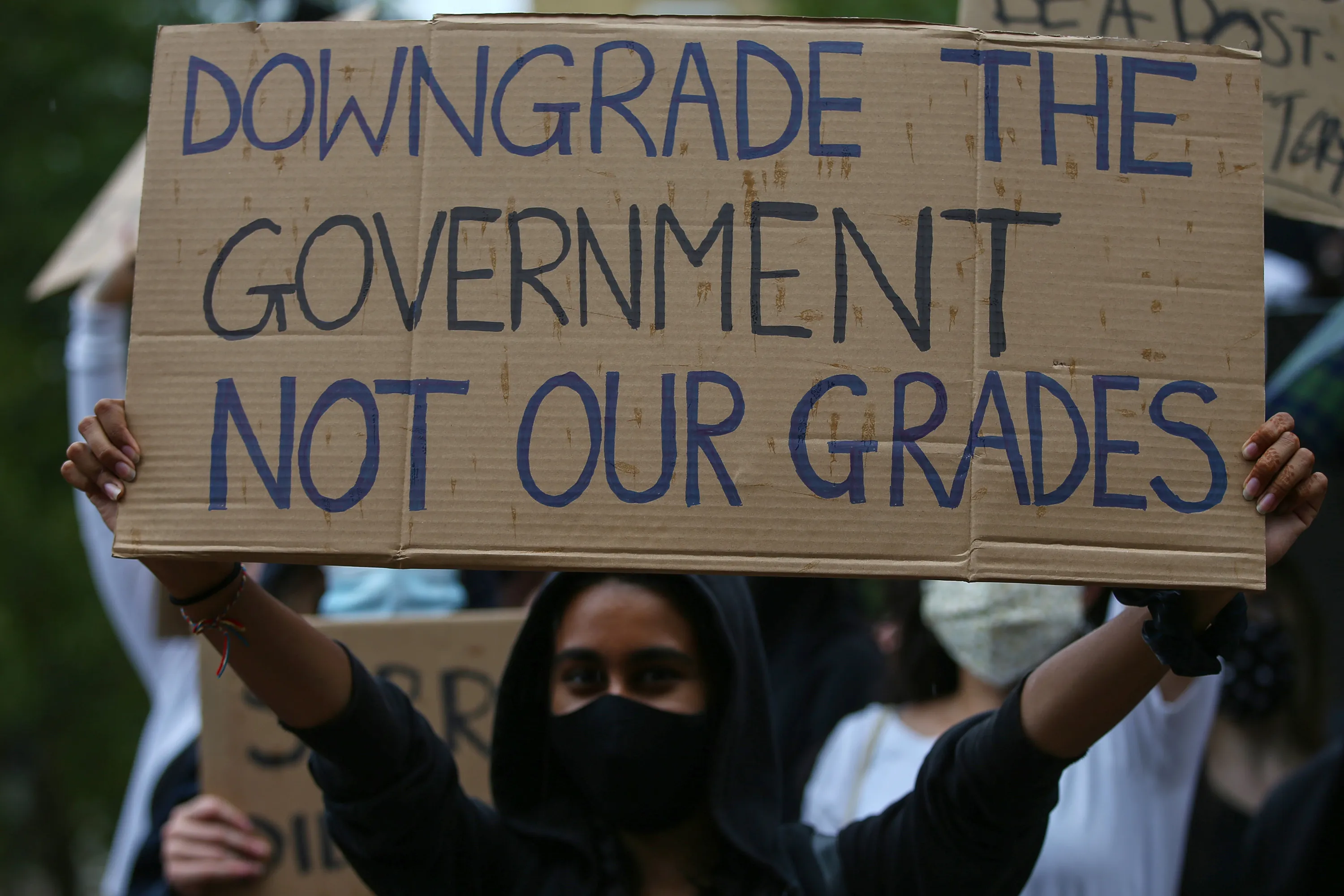 Students take part in an A-Level results protest opposite Downing Street in London on Aug. 16.