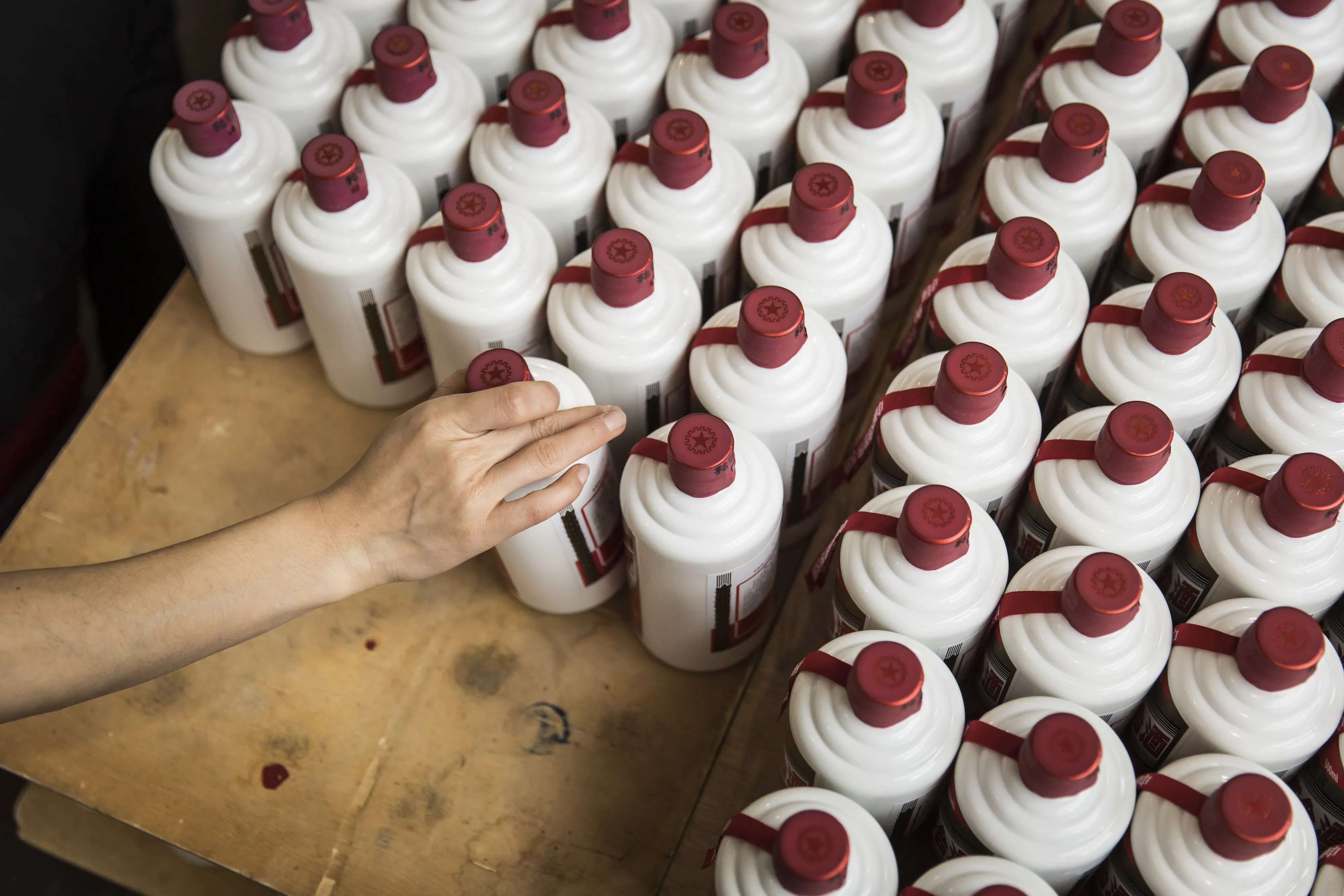 Bottles of Moutai baijiu at the Kweichow Moutai Co. factory.
