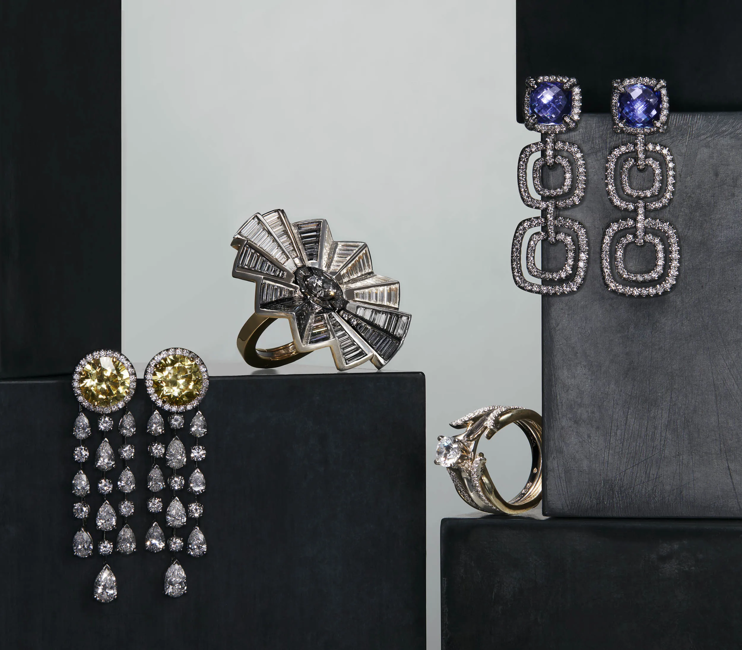 From left: Asprey’s brilliant-cut yellow diamond earrings with detachable white diamond drops,&nbsp;$915,000,&nbsp;asprey.com;&nbsp;Jessica McCormack’s diamond-fan party jacket,&nbsp;$133,643,&nbsp;jessicamccormack.com;&nbsp;Gabriel’s round enhancer diamond&nbsp;anniversary band,&nbsp;$1,580,&nbsp;gabrielny.com;&nbsp;and David Yurman’s&nbsp;Châtelaine pavé bezel
triple-drop earrings&nbsp;with tanzanite&nbsp;and diamonds,&nbsp;$20,000,&nbsp;davidyurman.com.