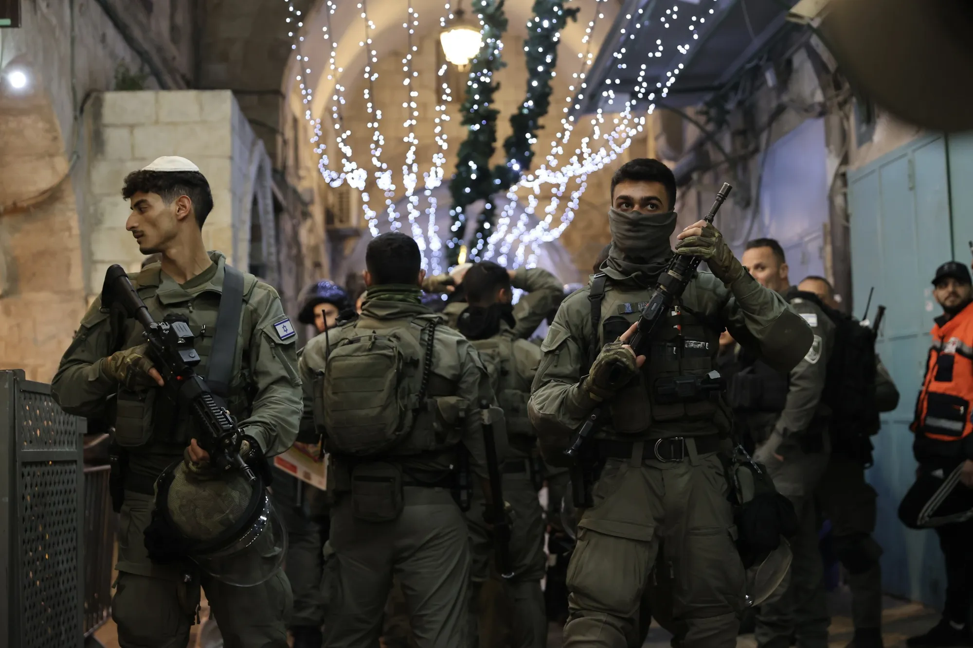 Israeli police at the Chain Gate entrance to the Al-Aqsa complex in Jerusalem on April 5.
