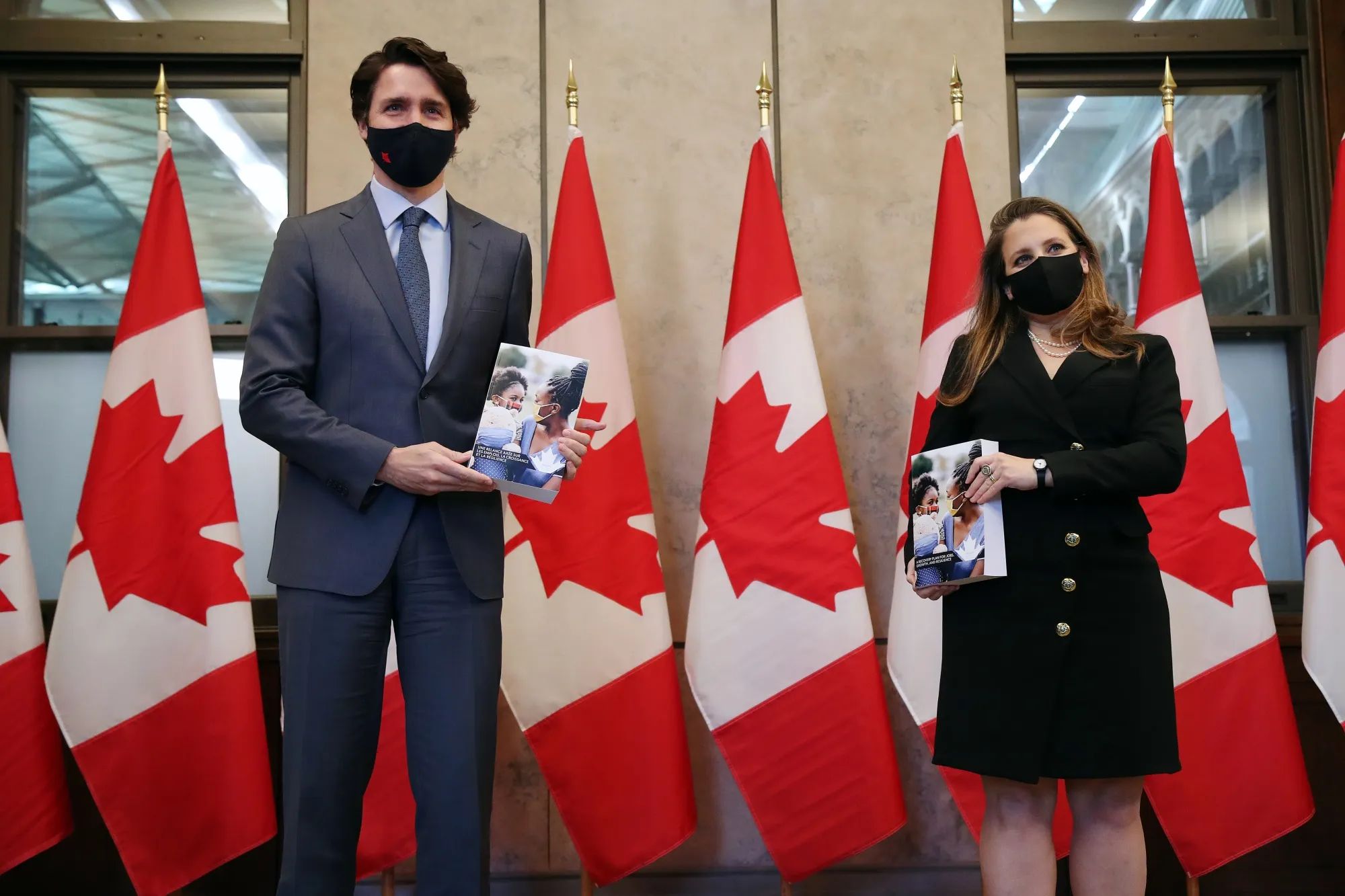 Justin Trudeau and Chrystia Freeland before tabling the federal budget at the House of Commons in Ottawa on April 19.