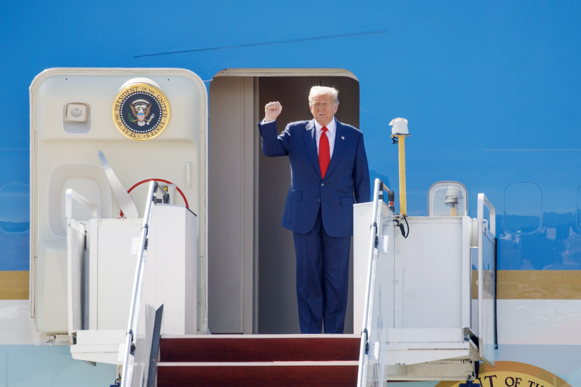 US President Donald Trump disembarks Air Force One at Kuala Lumpur International Airport in Sepang, Selangor, Malaysia, on Sunday, Oct. 26, 2025.