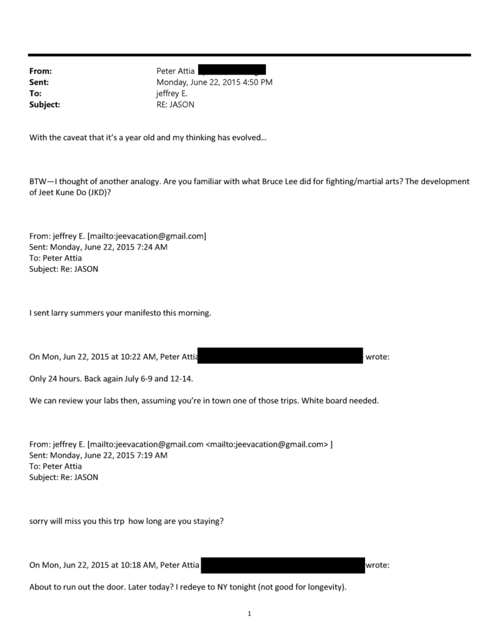 Email from Epstein telling Attia that he' sent Attia's manifesto to Larry Summers. Source: DOJ