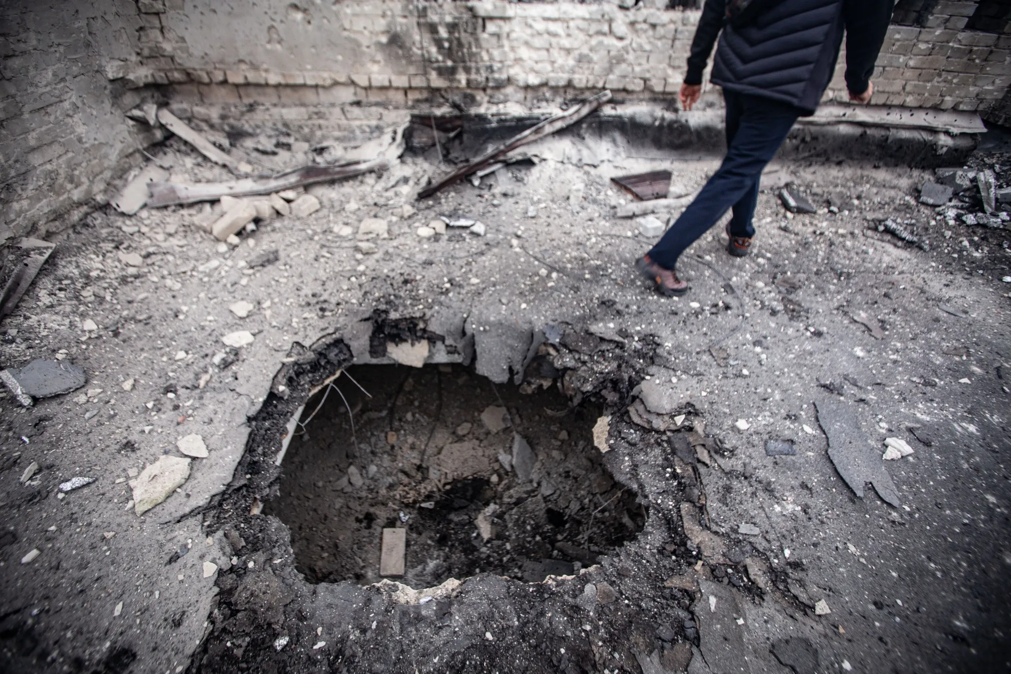 A damage on a building roof after a Russian drone strike in Sumy, Ukraine.