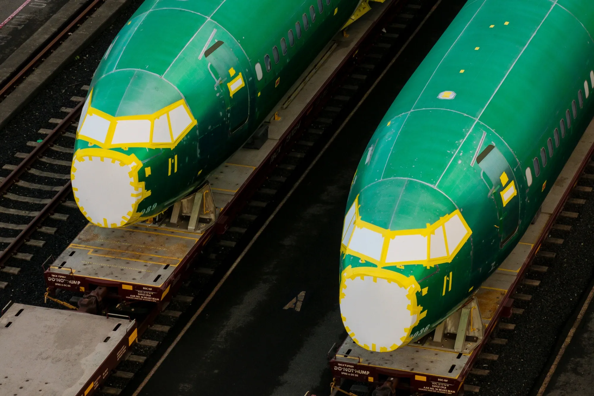 Boeing aircraft fuselages on railcars in Seattle.