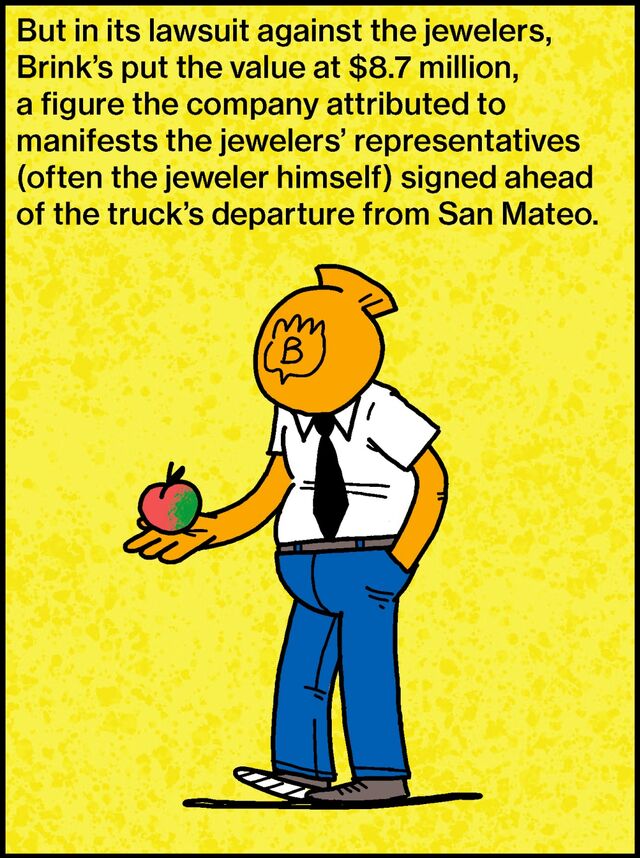 But in its lawsuit against the jewelers, Brink’s put the value at $8.7 million, a figure the company attributed to manifests the jewelers’ representatives (often the jeweler himself) signed ahead of the truck’s departure from San Mateo.