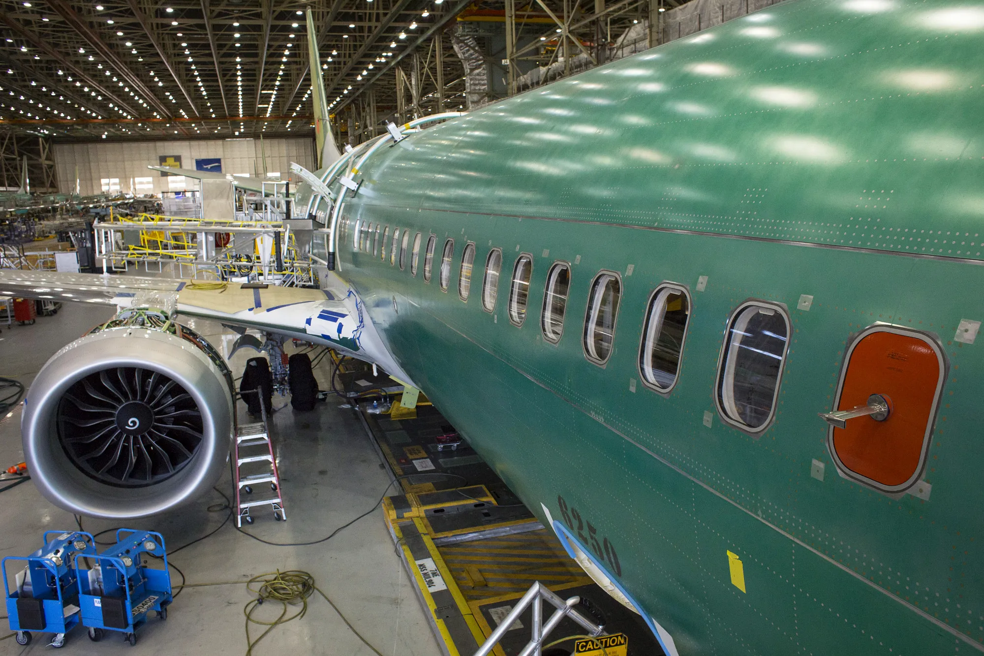 A Boeing Co. 737 MAX jet&nbsp;on the production floor at the company's manufacturing facility in Renton, Washington.