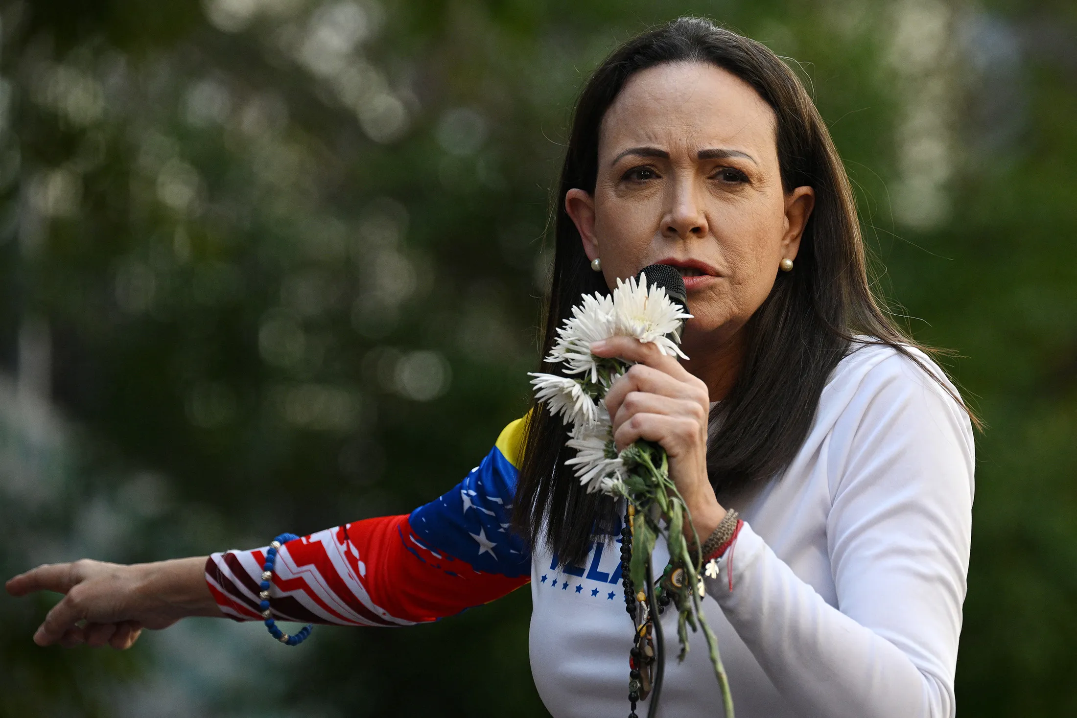 Maria Corina Machado addresses supporters during a protest called by the opposition on the eve of the presidential inauguration in Caracas on Jan. 9, 2025.