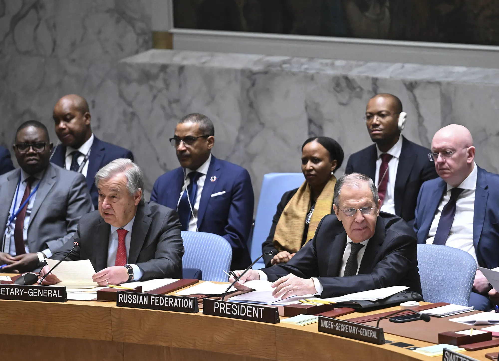 Antonio Guterres and Sergey Lavrov at UN headquarters in New York, on April 24.