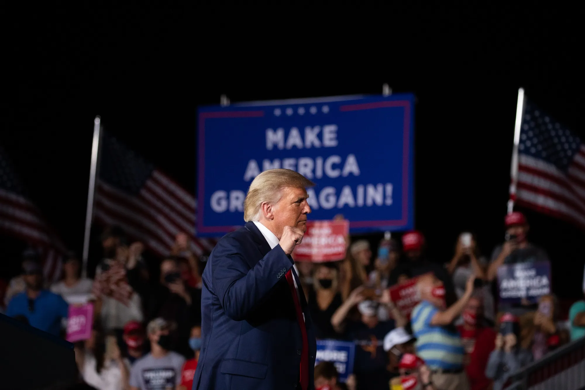 Donald Trump gestures on stage during a campaign rally in Winston-Salem, North Carolina on Sept. 8.