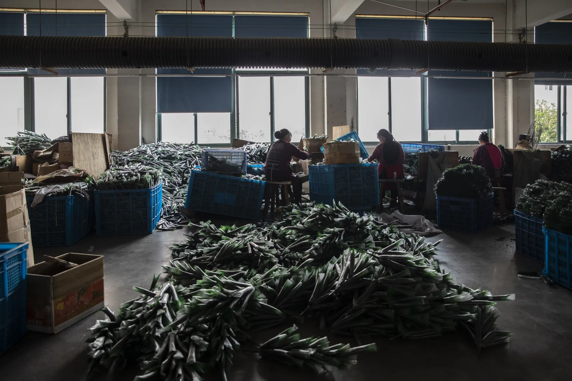Artificial Christmas tree branches on the production line at the Bosen Gongyi Co. factory in Yiwu, China.